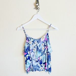 American Eagle Blue Floral Tropical Flounce Ruffle Criss Cross Tank Top